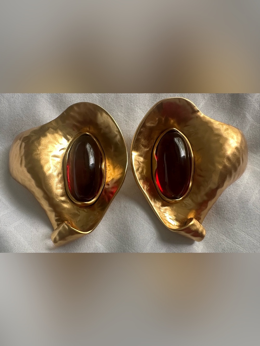 ✨Saint Laurent Gold-Tone Floral Clip-on Earrings with Deep Red Cabochons